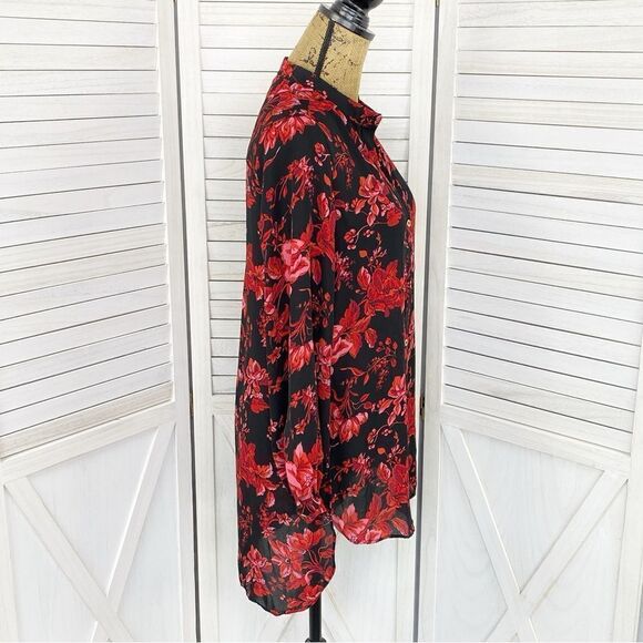 Joan Vass Floral High Low Button Front Blouse Black Red XS - Picture 3 of 14